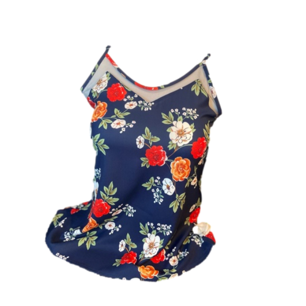 Vibrant Floral Adjustable Spaghetti Strap Tank Top~Netting Detail~Size S